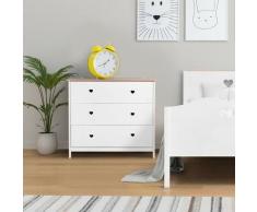 Commode enfant 3 tiroirs - Décor Chene et laqué blanc -MDF et Pin Massif - L90 x P 39 x H81 cm