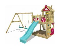 WICKEY Aire de jeux Portique bois Smart Sparkle avec balançoire et toboggan turquoise Cabane enfant
