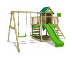 Aire de jeux Portique bois JazzyJungle avec balançoire et toboggan vert pomme Maison enfant