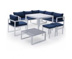Salon de jardin modulable IBIZA en tissu bleu 7 places - aluminium blanc