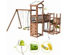 Aire de jeux pour enfant 3 tours avec pont et portique - CRAZY Bridge et son kit d'accessoire MAISON