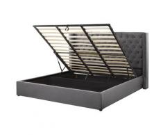 Lit double chesterfield en velours gris avec rangement pratique