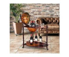 Bar Globe Terrestre Vintage Mappe Monde en Bois d'Eucalyptus avec Roulette pour Stocker Bouteilles