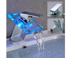 Robinet Lavabo Salle de Bain Cascade Affichage LED RGB Température de l'Eau Mitigeur Vasque à Poser