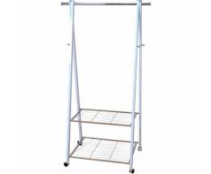 Porte-manteau métal blanc portant sur roulettes avec étagère chaussures