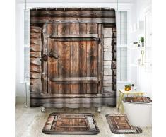 Ensemble de rideaux de douche 4 pièces Porte en bois Ferme Campagne Été Vintage Lumineux Rétro avec