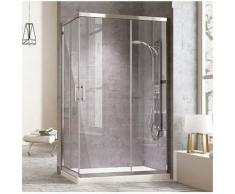 Cabine de douche rectangulaire à fermeture angulaire. 2 portes coulissantes et 2 panneaux fixes.
