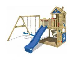 Wickey - Aire de jeux Portique bois Smart Lodge 120 avec balançoire et toboggan bleu Cabane enfant