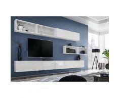 Ensemble meuble TV mural CUBE 14 design coloris blanc et blanc brillant. Meuble de salon suspendu
