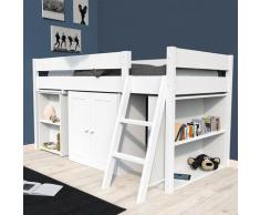 Lit combiné TINO 90x190 + 1 sommier + bureau + armoirette + étagère / Laqué blanc/ 199x128x108 cm