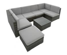 Salon de Jardin VENISE 7 Places Design 6 Fauteuils 1 Tabouret 1 Table en Résine Tressée Gris