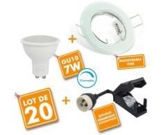 Lot de 20 Spot LED encastrable complet Blanc Fixe avec Ampoule GU10 7W Dimmable | Température de