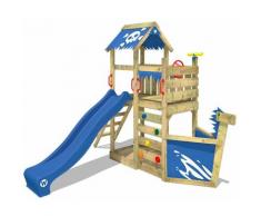 Aire de jeux Portique bois SpookyFlyer avec toboggan bleu Cabane enfant exterieur avec bac à sable,