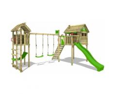 FATMOOSE Aire de jeux Portique bois FunFactory avec balançoire TowerSwing et toboggan vert pomme