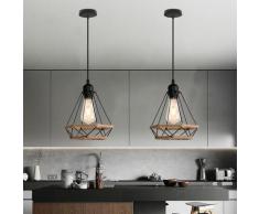Lot de 2 Lustre Suspension Industrielle en forme Diamant E27 Lampe en Corde de Chanvre Noir
