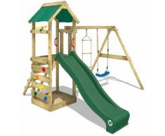 Aire de jeux bois WICKEY FreeFlyer Portique de jeux en bois Maison d'enfants avec balançoire - vert