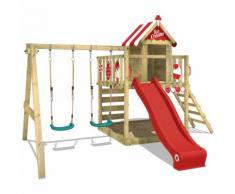 Aire de jeux Portique bois Smart Candy avec balançoire et toboggan rouge Cabane enfant exterieur
