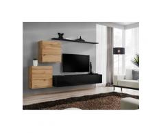 Ensemble meuble salon SWITCH V design, coloris noir brillant et chêne Wotan. - Noir