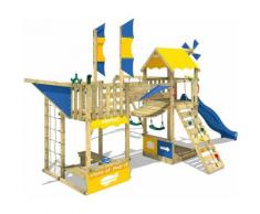 WICKEY Aire de jeux Portique bois Smart Wing avec balançoire et toboggan bleu Cabane enfant