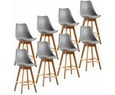 Jeobest - Lot de 8 tabourets de bar pieds en bois hêtre massif - Revêtement simili PU gris
