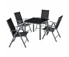 Salon de Jardin avec 4 Chaises Pliantes et 1 Table en Verre et en Aluminium Gris Noir