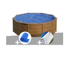Kit piscine acier aspect bois Sicilia ronde 3,20 x 1,22 m + Bâche à bulles + Tapis de sol - GRÉ