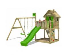 FATMOOSE Aire de jeux Portique bois DonkeyDome avec balançoire et toboggan vert pomme Maison enfant