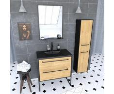 Aurlane - Ensemble Meuble de salle de bain blanc 80cm + vasque noir effet pierre + miroir + colonne