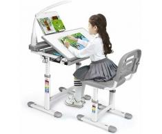 GOPLUS Bureau Enfant avec Chaise Hauteurs Réglables, Angle de Bureau Réglable 0°-40°, Lampe de