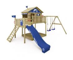 WICKEY Aire de jeux Portique bois Smart Coast avec balançoire et toboggan bleu Maison enfant sur