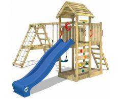 Aire de jeux Portique bois RocketFlyer avec balançoire et toboggan bleu Maison enfant exterieur