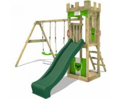 Aire de jeux Portique bois TreasureTower avec balançoire et toboggan vert Maison enfant exterieur