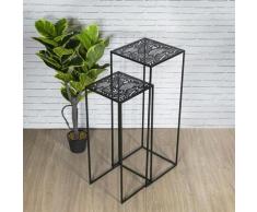 FLORA - Lot de 2 Sellettes Gigognes Métal Noir Motif Feuille