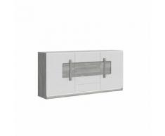 Buffet 3 portes blanc laqué et décor chêne gris avec éclairage LED - ALEXIANE - Blanc et gris
