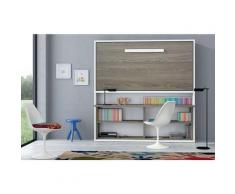 Lit escamotable 90x190 cm avec bureau et étagères Laura - Structure Blanche - Façade Hêtre