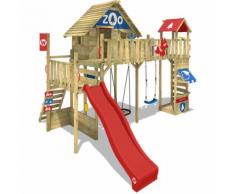 WICKEY Aire de jeux Portique bois Smart Ranger avec balançoire et toboggan rouge Maison enfant sur