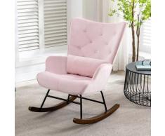 Chaise à Bascule Fauteuil Allaitement Bébé Tissu en Velours Style Scandinave Bois d'Hévéa Rose