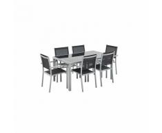 Salon de jardin Capua en aluminium table 150cm, 6 fauteuils en textylène noir et alu gris
