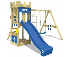 WICKEY Aire de jeux Portique bois KnightFlyer avec balançoire et toboggan bleu Maison enfant