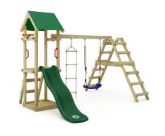 WICKEY Aire de jeux Portique bois TinyLoft avec balançoire et toboggan vert Maison enfant exterieur