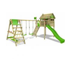 FATMOOSE Aire de jeux Portique bois FunFactory avec balançoire SurfSwing et toboggan vert pomme