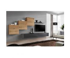 Ensemble meuble salon mural SWITCH X design, coloris gris brillant et chêne Wotan. - Gris