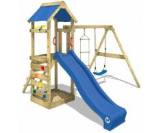 Aire de jeux Portique bois FreeFlyer avec balançoire et toboggan bleu Maison enfant exterieur avec