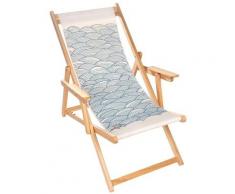 Chilienne transat bois d'eucalyptus tissu 100% coton Elvas blanc cassé, imprimé vagues bleus