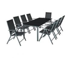 Salon de Jardin avec 8 Chaises Pliantes et 1 Table en Verre et en Aluminium Gris Noir