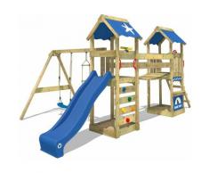 WICKEY Aire de jeux Portique bois SunFlyer avec balançoire et toboggan bleu Maison enfant exterieur