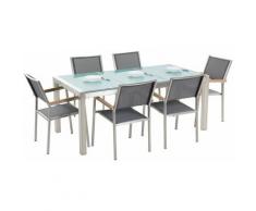 Set de jardin avec 6 chaises grises plateau en verre 180 cm GROSSETO