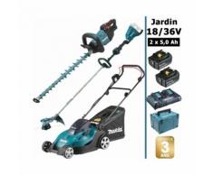Pack 18/36V: tondeuse 36V 43cm + coupe herbes 36V + taille-haie 18V 60cm + 2 batt 5Ah MAKITA DLM431