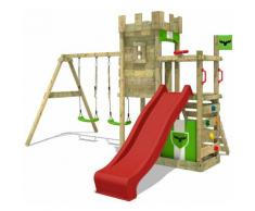 Aire de jeux Portique bois BoldBaron avec balançoire et toboggan rouge Maison enfant exterieur avec