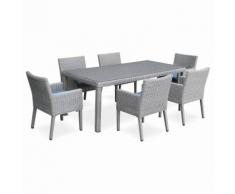 Salon de jardin avec sa table en résine ronde fine 6 places, 1 table et 6 fauteuils